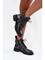 Lakované kožené dámské kotníkové boty na klínu D&A LZ52-954 tmavě modré