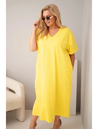 Dámské bavlněné šaty Plus Size s výstřihem do V žlutá