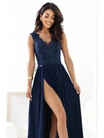 215-6 LEA dlouhé elegantní maxi šaty s krajkovým vrškem a rozparkem na nohou - tmavě modré