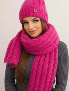Dámská souprava čepice a šály s proužky s ozdobou fuchsie