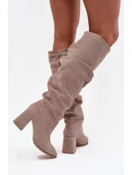 Dámské zateplené kozačky na podpatku Zazoo – béžové, pravý zamsz