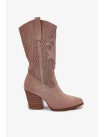 Dámské perforované kozačky ve stylu kovbojek na sloupkovém podpatku S.Barski – béžové, eko kůže