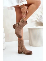 Dámské Botky Na Nízkém Podpatku S Přezkami Tmavě Béžové Zudra