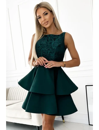 205-4 LAURA dvojité rozšířené šaty s krajkovým vrškem - BOTTLE GREEN