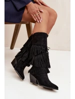 Vyhřívané Kůže Boty Kovbojky Dámské S Fringing Černé Brivina