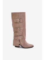 Kozačky Na Podpatku S Otočeným Svrškem A Přezkami Béžové Vamissa