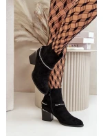 Zateplené dámské boty na podpatku s řetízkem eko semišové černé Hanalen