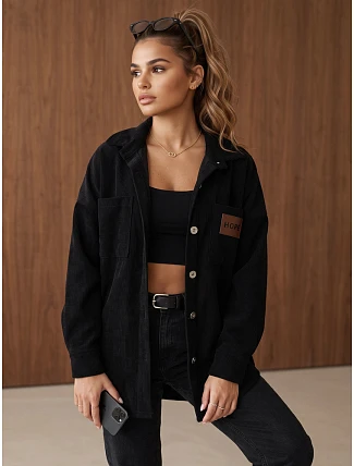 Dámská oversize košilová bunda z kordového materiálu, černá, FashionStreet TY6056 Dámská oversize košilová bunda z kordového materiálu, černá, FashionStreet TY6056