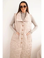 Dámská dlouhá prošívaná vesta s kapsami a stojáčkem tmavě béžová