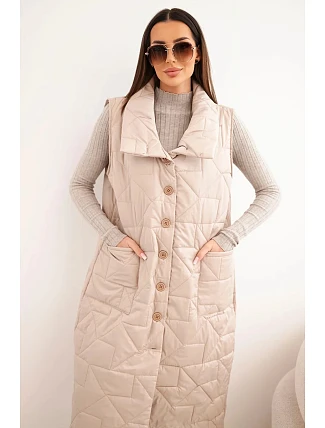 Dámská dlouhá prošívaná vesta s kapsami a stojáčkem tmavě béžová