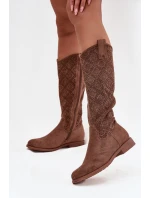 Dámské Kozačky S Mřížkovým Vzorem Na Ploché Podpatku S Barški HY52 534 Hnědé