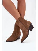 Dámské zateplené kotníkové boty kovbojky na podpatku Dylira – camel, zamsz