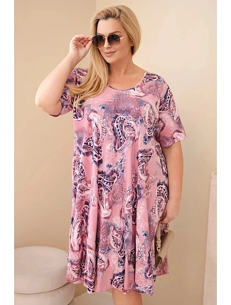 Dámské viskózové šaty Plus Size s krátkým rukávem a paisley vzorem růžová