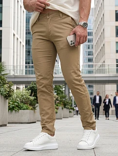 Pánské vypasované kalhoty chinos béžové FashionStreet UX4499