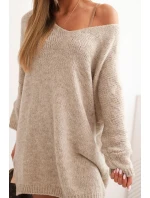 Dámské šaty Plus Size vlněné s výstřihem do V tmavě béžová