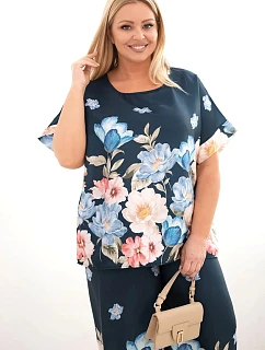 Dámský komplet Plus Size s halenkou a kalhotami s květinovým vzorem a širokými nohavicemi granátový