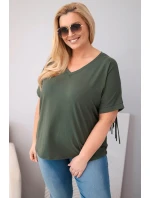 Dámská bavlněná halenka Plus Size s výstřihem do V a třásněmi na zádech khaki