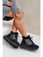 Kožené Sneakersy Kotníkové Dámské S Kožíškem Na Platformě Big Star OO274A329 Černé