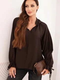 Dámská blůza z viskózy s výstřihem do V a vázáním u rukávů hnědá