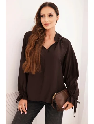 Dámská blůza z viskózy s výstřihem do V a vázáním u rukávů hnědá