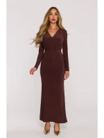 M891 Šaty s řasením a šerpou - hnědé