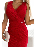 Červené dámské krajkové midi šaty s přeloženým obálkovým výstřihem 383-5