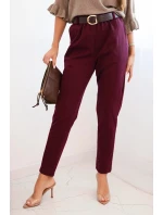 Dámské viskózové kalhoty s páskem a zúženými nohavicemi bordové