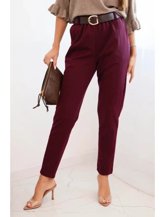 Dámské viskózové kalhoty s páskem a zúženými nohavicemi bordové