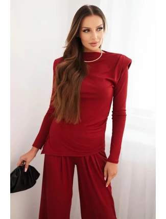 Dámská souprava z bavlny s blůzou a kalhotami s širokým nohavicí bordový