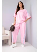 Dámský máslový komplet z viskózy, mikina a kalhoty s lampasy bonbónově růžový