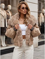 Krátká dámská bunda s odnímatelnou kožešinou, béžová, FashionStreet TY5838 Krátká dámská bunda s odnímatelnou kožešinou, béžová, FashionStreet TY5838