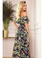 Dlouhé dámské šaty se španělským výstřihem a vzorem zelených listů a zlatých řetízků 194-4