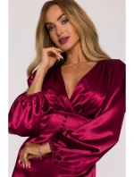 M888 Saténové mini šaty s nadýchanými rukávy - bordó