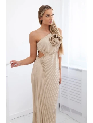 Plisované šaty s květinou tmavě béžová Plisované šaty s květinou tmavě béžová