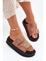 Dámské Pantofle Se Zlatými Přezkami Na Platformě Béžové Virvania