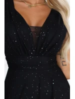 637-2 Večerní dlouhé šaty s brokátovým akcentem a hlubokým výstřihem - černé