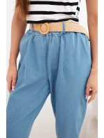 Dámské kalhoty s ohrnutou nohavicí a páskem světle džínové