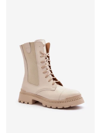 Kožené Dámské Botky Workery Šněrovací Světle Béžové Nicole 2836