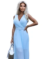 546-2 Plisované šaty se širokým páskem a výstřihem - MODRÁ