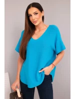 Dámská svetr s krátkým rukávem a výstřihem do V tyrkysová