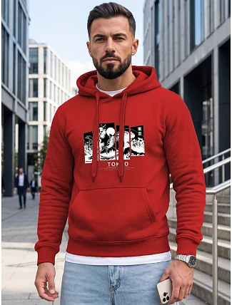 Pánská mikina s kapucí a potiskem TOKYO, červená, FashionStreet NX5146BX Pánská mikina s kapucí a potiskem TOKYO, červená, FashionStreet NX5146BX