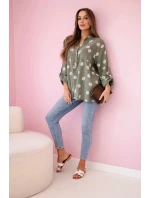 Lněná dámská halenka s květinovým vzorem, dlouhými rukávy a knoflíky khaki