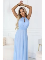 662-1 Elegantní maxi večerní šaty na ramínka s tylem a zavazováním v pase - modré