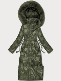 Dlouhá dámská prošívaná zimní bunda v barvě khaki (T2-2221#-22)