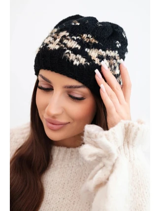 Dámská zimní čepice s norským vzorem a silným pletením K351 černý+tmavě béžový