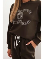 Dámská souprava z viskózy s ozdobným motivem a kalhotami hnědý