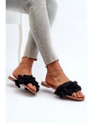 Dámské ploché pantofle s třásněmi, černá Rialle Dámské ploché pantofle s třásněmi, černá Rialle