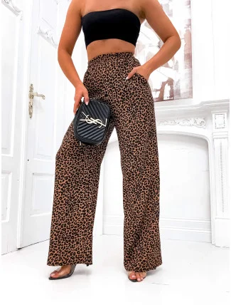 Hnědo-černé vzdušné dámské kalhoty s panteřím vzorem a s gumou v pase (82197)