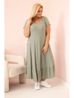 Dámské šaty plus size s krátkým rukávem a volánem z lehké viskózy khaki Dámské šaty plus size s krátkým rukávem a volánem z lehké viskózy khaki
