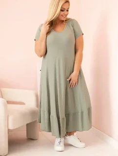 Dámské šaty plus size s krátkým rukávem a volánem z lehké viskózy khaki